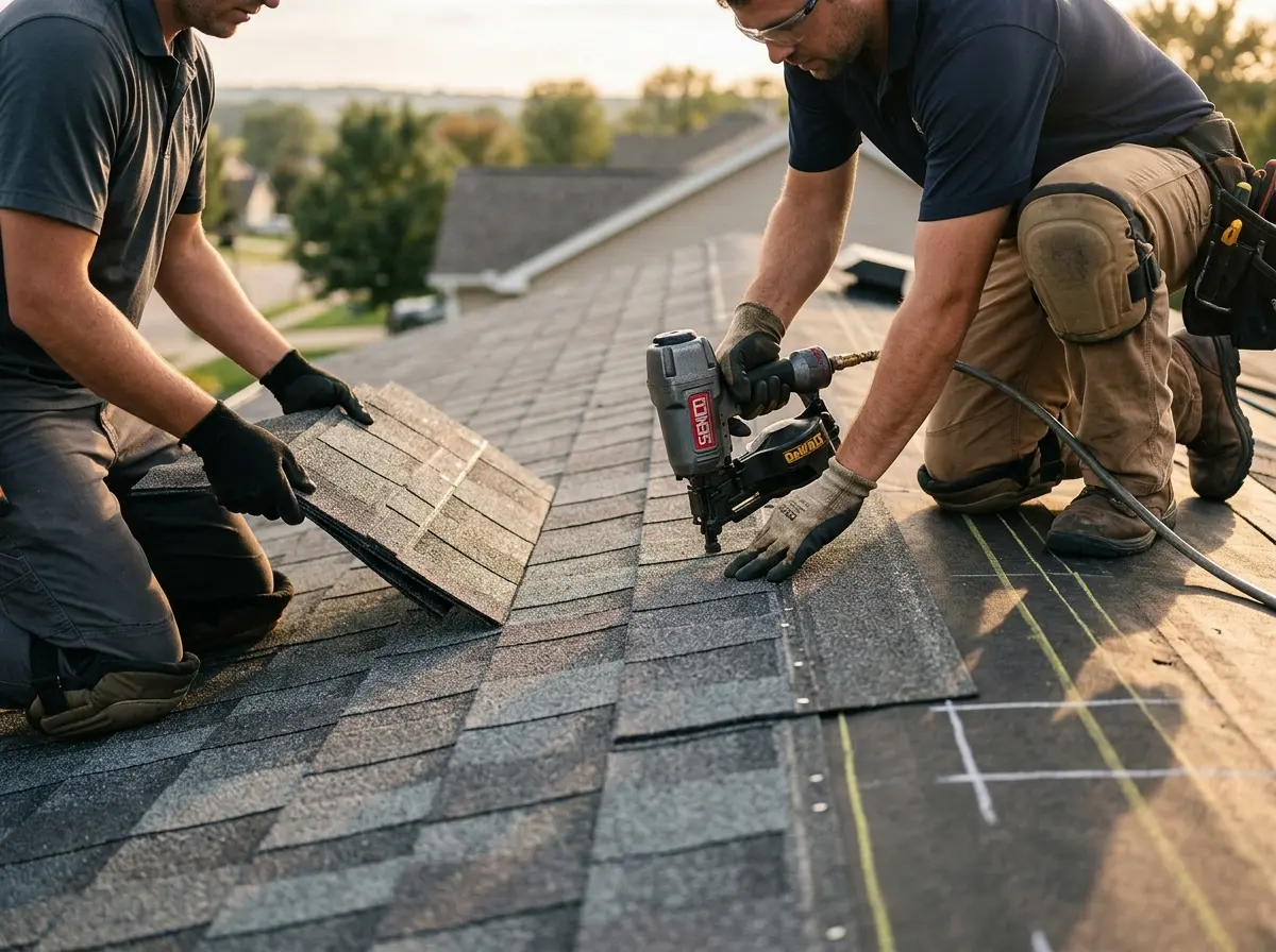 Professional roofer working on a residential roof in Old Saybrook